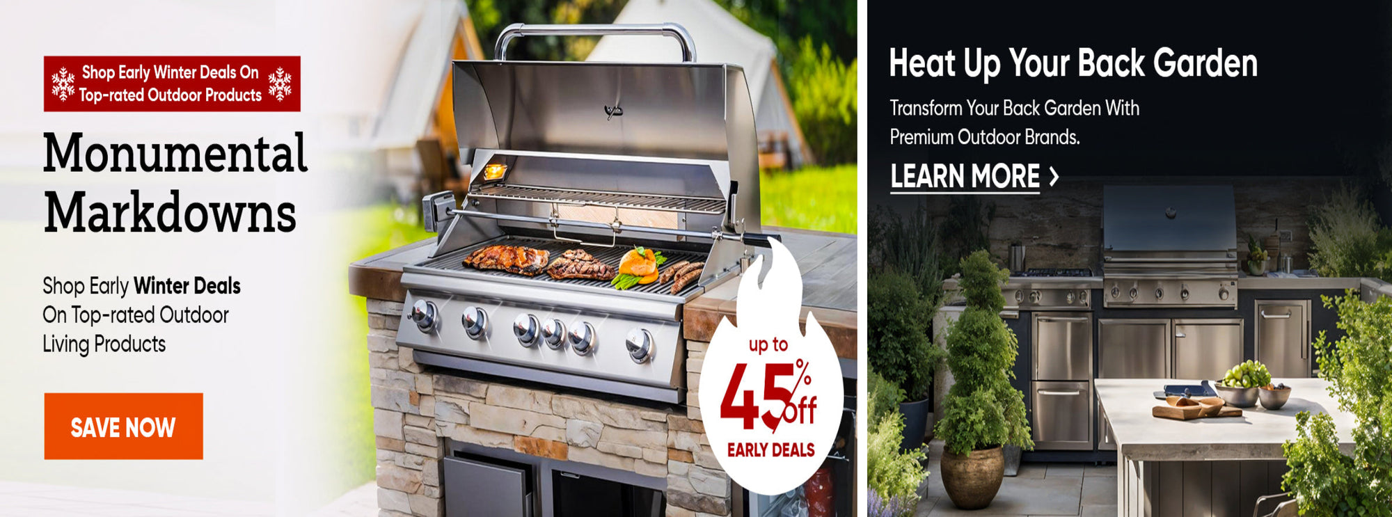 bbq grill banner with a bbq brill and the text reading, monumental markdowns up to 45% shop now on early winter deals!